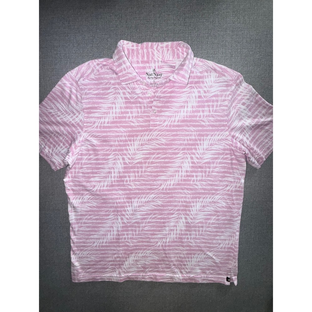 Nat Nast Mens Pink Tropical Palm Leaf Print Polo Shirt L Cotton Tony Soprano